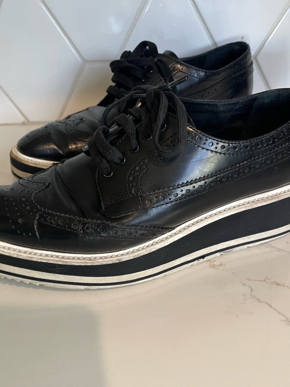 Prada Black Leather Brogue Oxfords - Picture 2 of 16